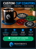 Custom cup coasters promotional graphic showing custom 3D-printed coaster options and availability