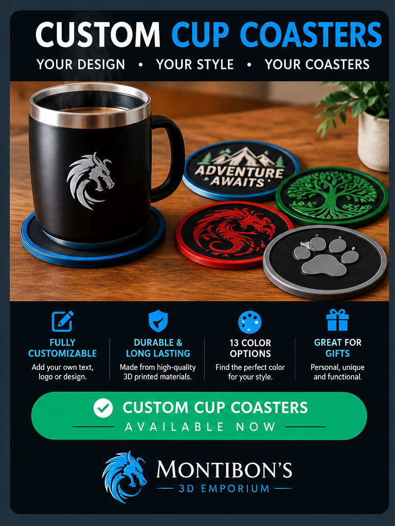 Custom cup coasters promotional graphic showing custom 3D-printed coaster options and availability
