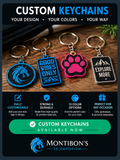 Custom keychains promotional graphic showing customizable 3D-printed keychains and availability