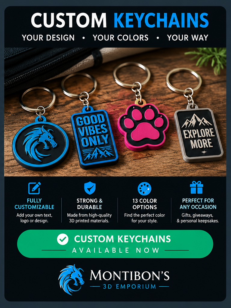 Custom keychains promotional graphic showing customizable 3D-printed keychains and availability