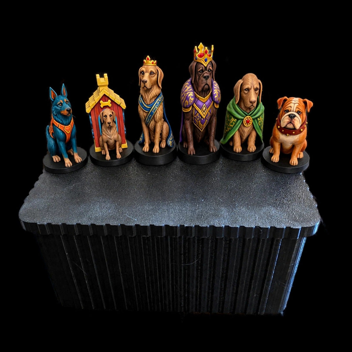 Painted dog chess pieces on a black background
