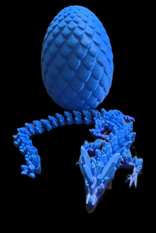 Articulated Crystal Dragon in blue with dragon egg on black background