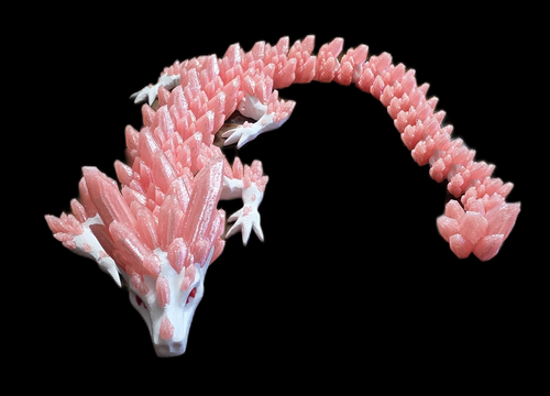 Articulated Crystal Dragon in pink and white on black background
